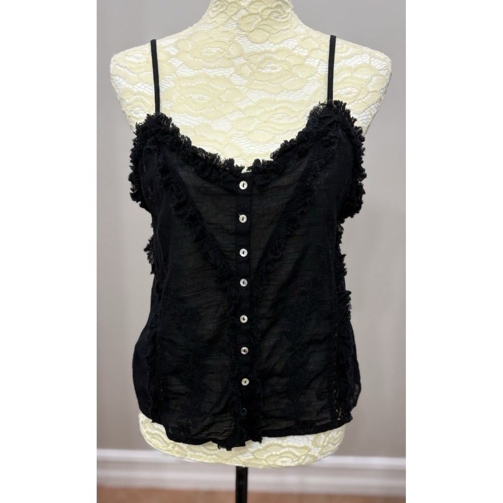 Zara Womens M Black Embroidered Lace Camisole Top Button Front Boho Whimsigoth